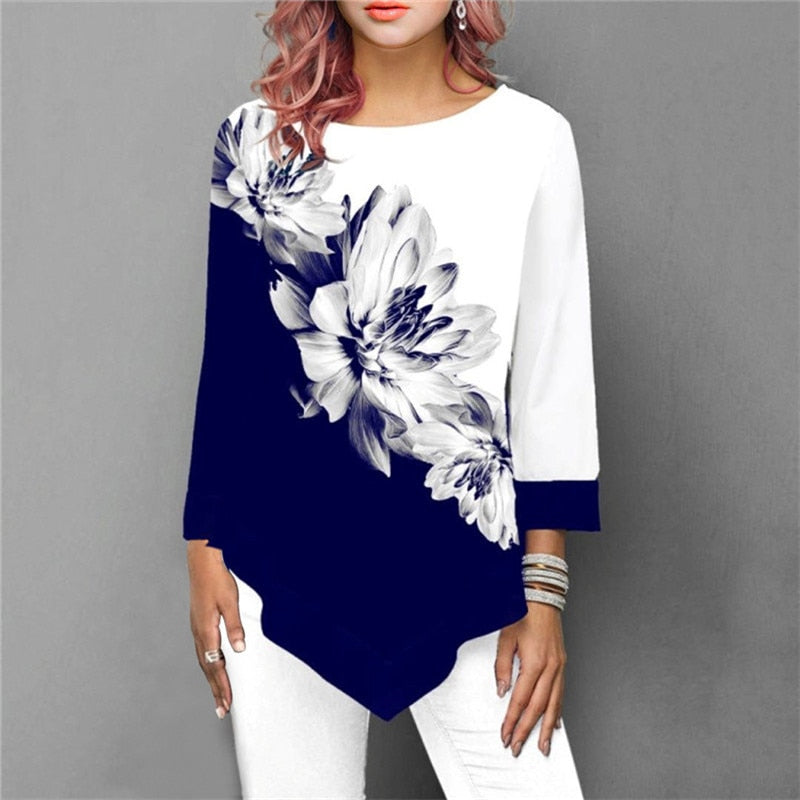 New Spring Oversized Women T Shirt Casual Irregular O-Neck Lace Splice Floral Printing Tee Shirt Women's Tops Pullovers Clothing